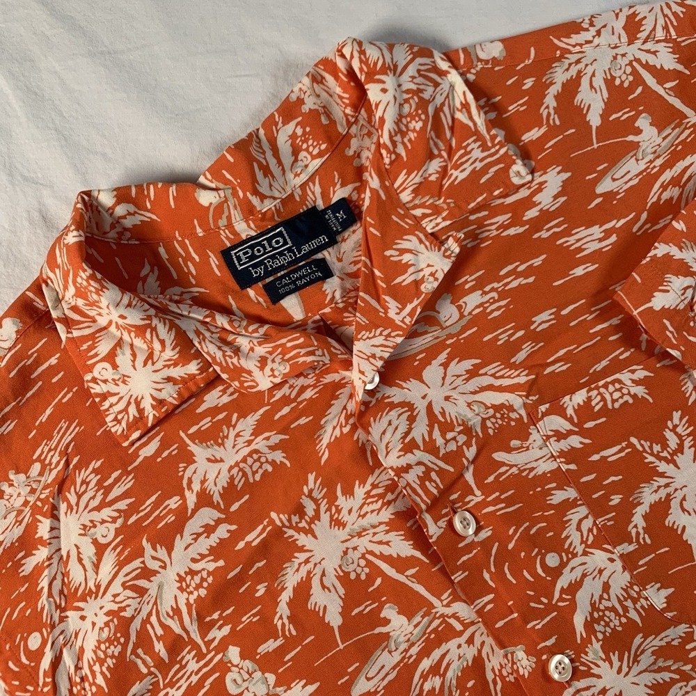 VTG Polo Ralph Lauren Mens Sz M Orange White Caldwell Loop Collar Hawaiian Shirt